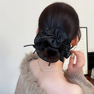 Elegant black and white polka dot mesh hair scrunchie with lace trim for women hair ties