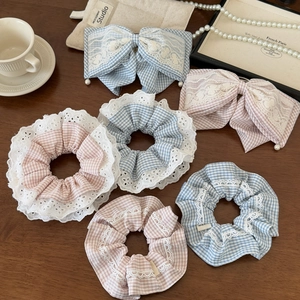 Sweet Plaid Lace Scrunchie Bow Hair Clip With Artificial Pearl Korean Preppy Style Large Hair Tie For Women Girls Hair Accessories