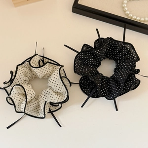 Elegant set of black and white polka dot mesh scrunchies with wavy edges for women hair