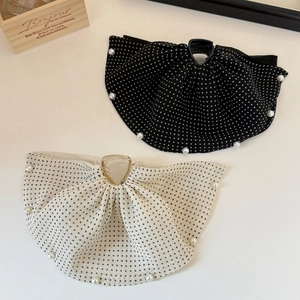 French style polka dot bow hair claw clip with white faux pearl edges detail