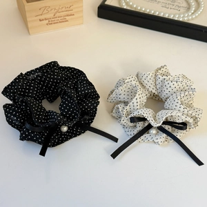 French polka dot scrunchie with layered bow ribbon and pearl pendant hair accessory
