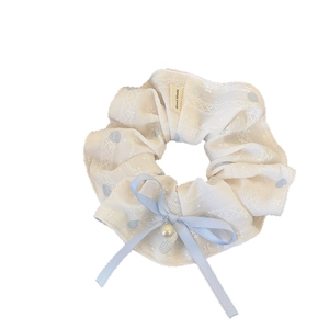 French style lace scrunchie with blue polka dots, ribbon bow and pearl pendant