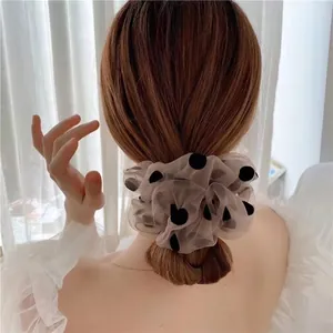 Grand Chouchou à Pois en Maille Minimaliste en Organza Élastique à Cheveux pour Femmes Filles Élégant Support de Queue de Cheval