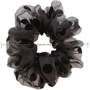Chouchou large en maille noire à pois floqués, diamètre 16 cm pour cheveux