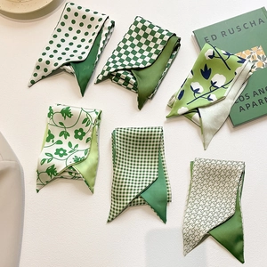 Elegant green silk Twilly scarf collection with floral and checkered patterns for women