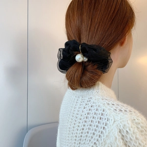 French chiffon black oversized scrunchie with white pearls and gold pin accessory