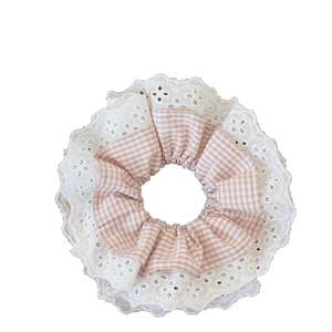 Sweet pink plaid scrunchie with white eyelet lace edge for elegant ponytail hairstyles