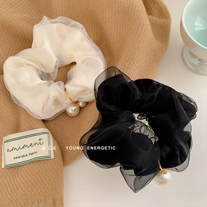 French Style Organza Scrunchies With Faux Artificial Pearl Alloy Charm Elegant Oversized Mesh Hair Ties For Women Daily Hair Accessory