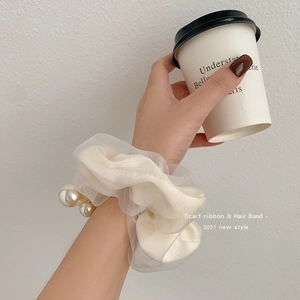 French chiffon scrunchie with large pearls and organza pleats in cream white