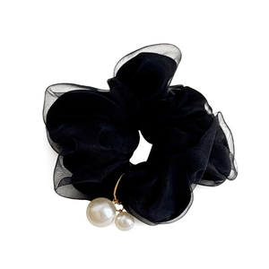 French chiffon scrunchie in black with elegant pearl pendants and organza pleats
