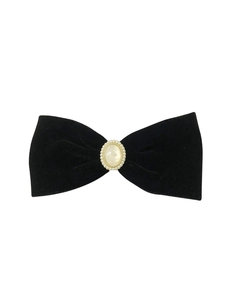 Elegant black velvet bow hair clip with a pearl center and gold bead trim for women