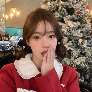 Elegant red festive dress with double-layered white lace Peter Pan collar for women