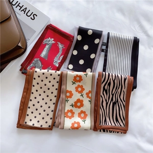 Set of six vintage French silk satin hair ribbons with diverse animal and floral prints