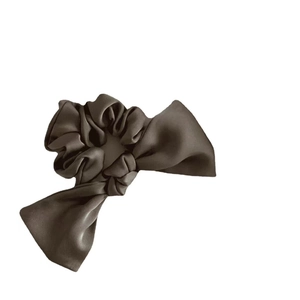 Elegant large brown satin bow scrunchie hair tie with long ribbons for women