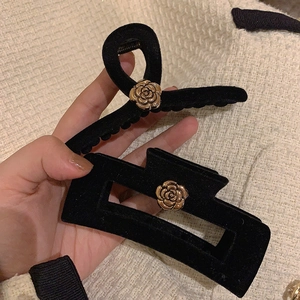 French vintage black velvet hair claw clips with elegant gold camellia flower accents