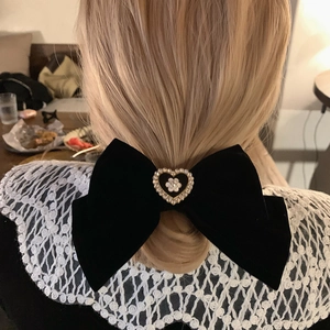 Elegant large black velvet bow hair claw clip with vintage heart camellia decoration