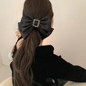Elegant Large Layered Bow Hair Clip With Square Rhinestone Satin Velvet Spring Clip For Women Wedding Party Hair Accessories