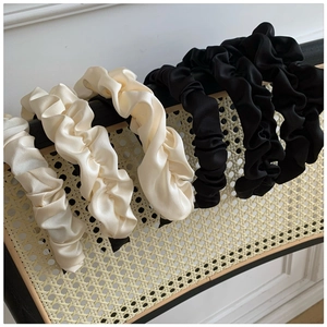 Elegant Pleated Satin Headband For Women Vintage French Style Wide Hair Band High Skull Top Solid Color Hair Accessory