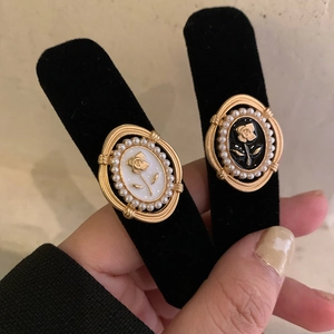 French vintage rose oval hair clips with black and white enamel and pearl border