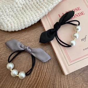 French Retro Bow Hair Tie Elegant Satin Scrunchie With Imitation Artificial Pearl Beads For Women Daily Hair Accessories
