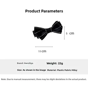 Detailed size chart showing the 11cm black bow hair clip with silver rhinestone edges