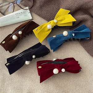 Barrette à Nœud en Satin Rétro Français Avec Fausse Künstliche Perle Pince Banane Élégante Accessoire de Queue de Cheval Haute Femme
