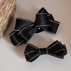 Elegant Black Satin Bow Banana Hair Clip With Rhinestone Trim Exquisite Ponytail Twist Clip Non-Slip Hair Accessory For Women