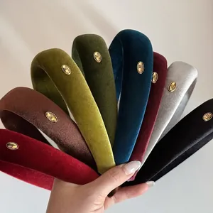 Vintage Velvet Padded Headband For Women High Top Sponge Hair Band With Gold Metal Handmade Tag Retro Hair Accessories
