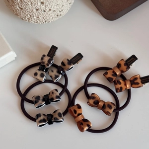 French leopard print bow hair ties and handmade hair clips set with elastic bands