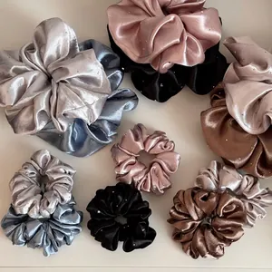 Elegant Satin Rhinestone Scrunchies Sparkle Oversized Elastic Hair Ties For Women Pleated Solid Color Decorative Ponytail Holder