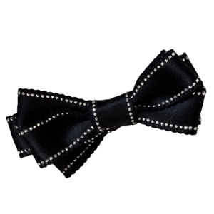 Elegant black satin bow hair clip with silver rhinestones on a clean white background