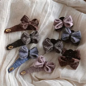 Pince à Cheveux Nœud Tricoté Automne Hiver Étiquette Dorée Faite à la Main Épingle en Laine Élégante Petite Pince Femme Bijoux