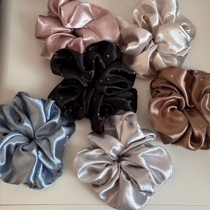 Set of 6 elegant satin hair scrunchies with rhinestones in assorted neutral colors