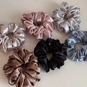 Set of six satin scrunchies with rhinestones in gold pink grey bronze black and blue