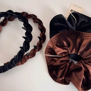 Braided velvet padded headband set with non-slip teeth and matching scrunchies in dark tones