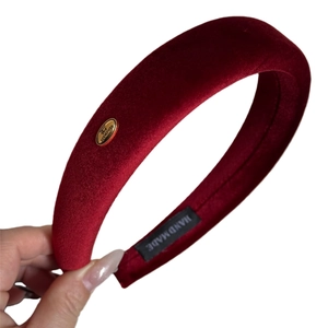 Retro deep red velvet padded headband with handmade metal tag for women
