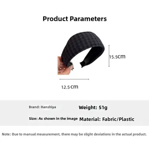 Detail view of a dark grey plaid headband with product dimensions and weight specs