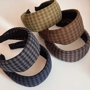 British Retro Checkered Wide Fabric Headband For Women Vintage Plaid Hair Hoop Autumn Winter Hair Accessories