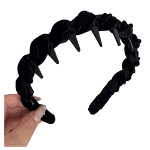 Braided black velvet headband with inner teeth for extra grip and high top hair styling