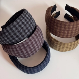 5-pack British retro plaid fabric wide headbands in assorted earthy autumn colors