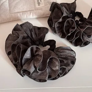 Chouchous en Tissu à Pois Surdimensionnés Style Français Gris Plissés Volants Élastiques Cheveux Femme Mode Coréenne