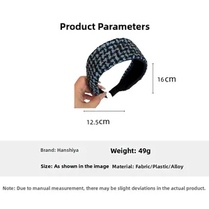 Detailed size specifications for a wide woven plaid headband with 12.5cm x 16cm dimensions