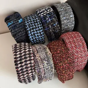 Vintage Tweed Padded Wide Headband For Women Elegant Houndstooth Plaid Thick Knit Hair Band French Style Hair Accessory
