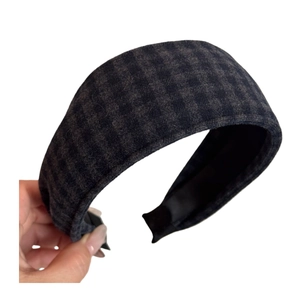 British style vintage plaid wide headband featuring grey and black checkered patterns