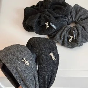 Winter Woolen Bear Headband Scrunchie Set Solid Color High Top Hair Band Fashion Hair Ties For Women Girls Daily Accessory