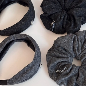 Winter plush bear headband and scrunchie set with fashion label and silver charm