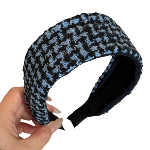Blue and black tweed headband with gold metallic threads and wide padded structure
