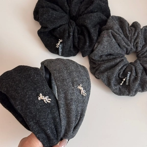 Winter plush wide headband and scrunchie set with silver metal bear charms in grey and black