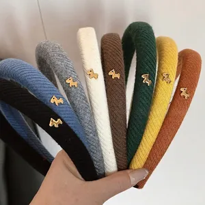 Cerchietto Imbottito in Tessuto a Costine Stile Coreano Con Decorazione a Forma di Cane in Metallo Oro Elastico Per Donna