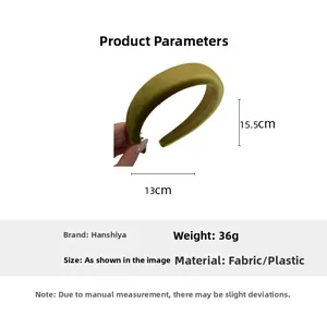 Detail view of grass green velvet headband showing 13cm x 15.5cm size and 36g weight specs